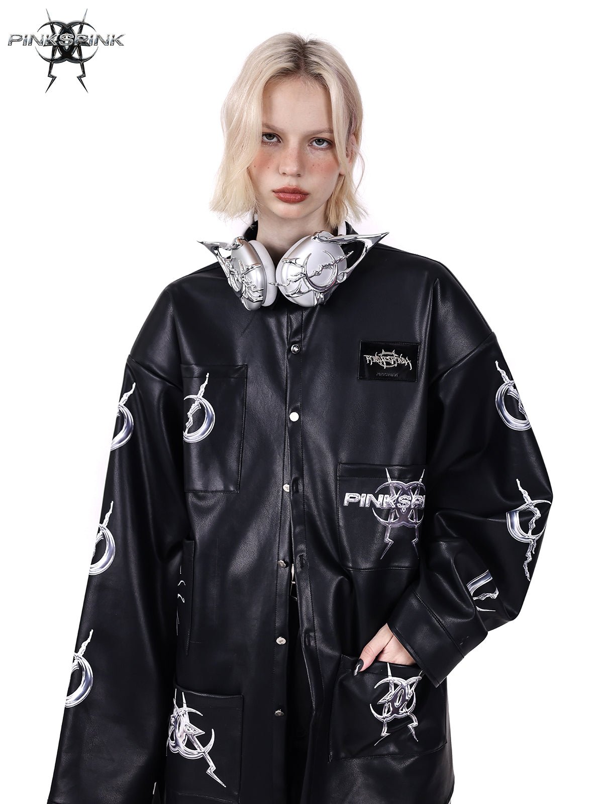 Electric Moon Design Pocket Leather Jacket PIN0066