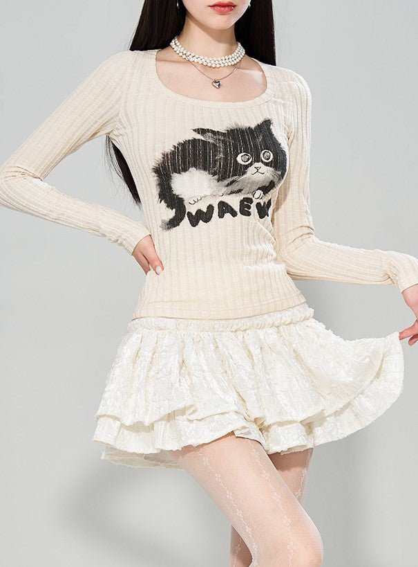 Cat Print T-shirt Large Round Neck Long-sleeved Knit/Skirt WAE0007
