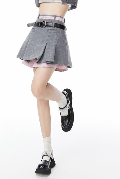 Double Waist Design College Style Pleated Skirt TBI0010