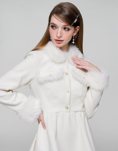 White High-end Fur Collar Woolen Dress WAE0031