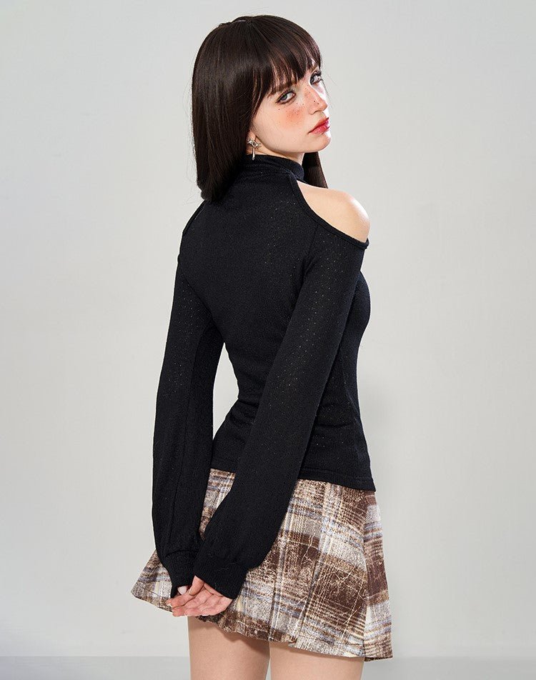 Slimming Black Off-shoulder High-neck Sweater WAE0012