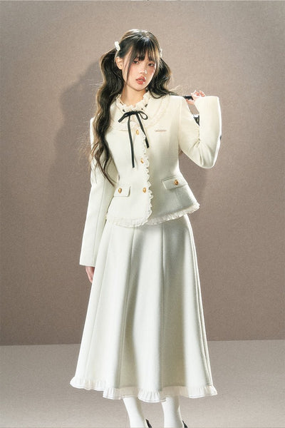 French White Small Fragrant Lace Collar Waist Jacket/Long Skirt UND0016