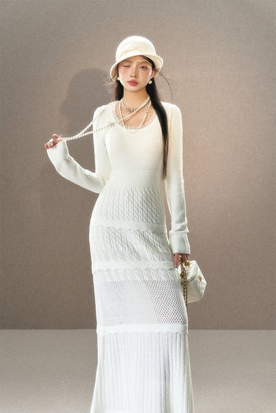 French Lace Round Neck Cable Slim Knitted Dress UND0025