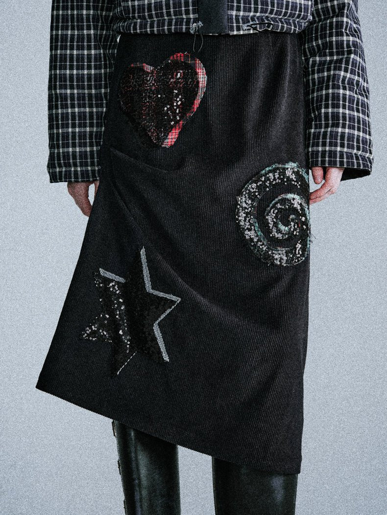 Irregular Hem Black Fine Corduroy Patch Midi Skirt LAP0003