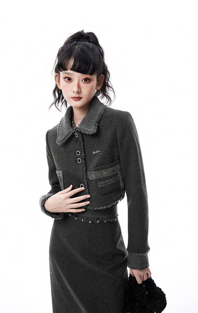 Velvet Dark Gray Fragrant Jacket & Long Skirt TBI0014