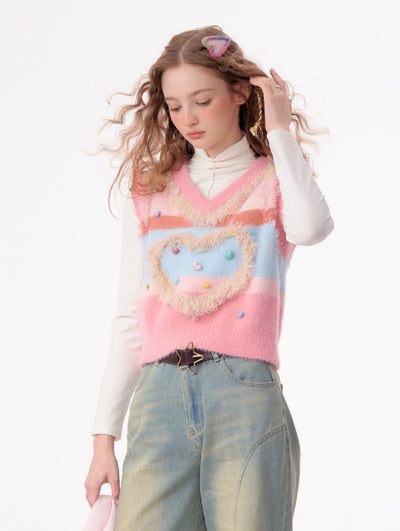 American Retro Pink Tender Love Knitted V-neck Vest ZIZ0024