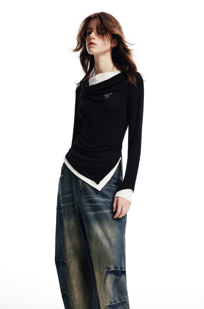 Fake Two-piece Inner Long-sleeved Swing Collar T-shirt WES0133