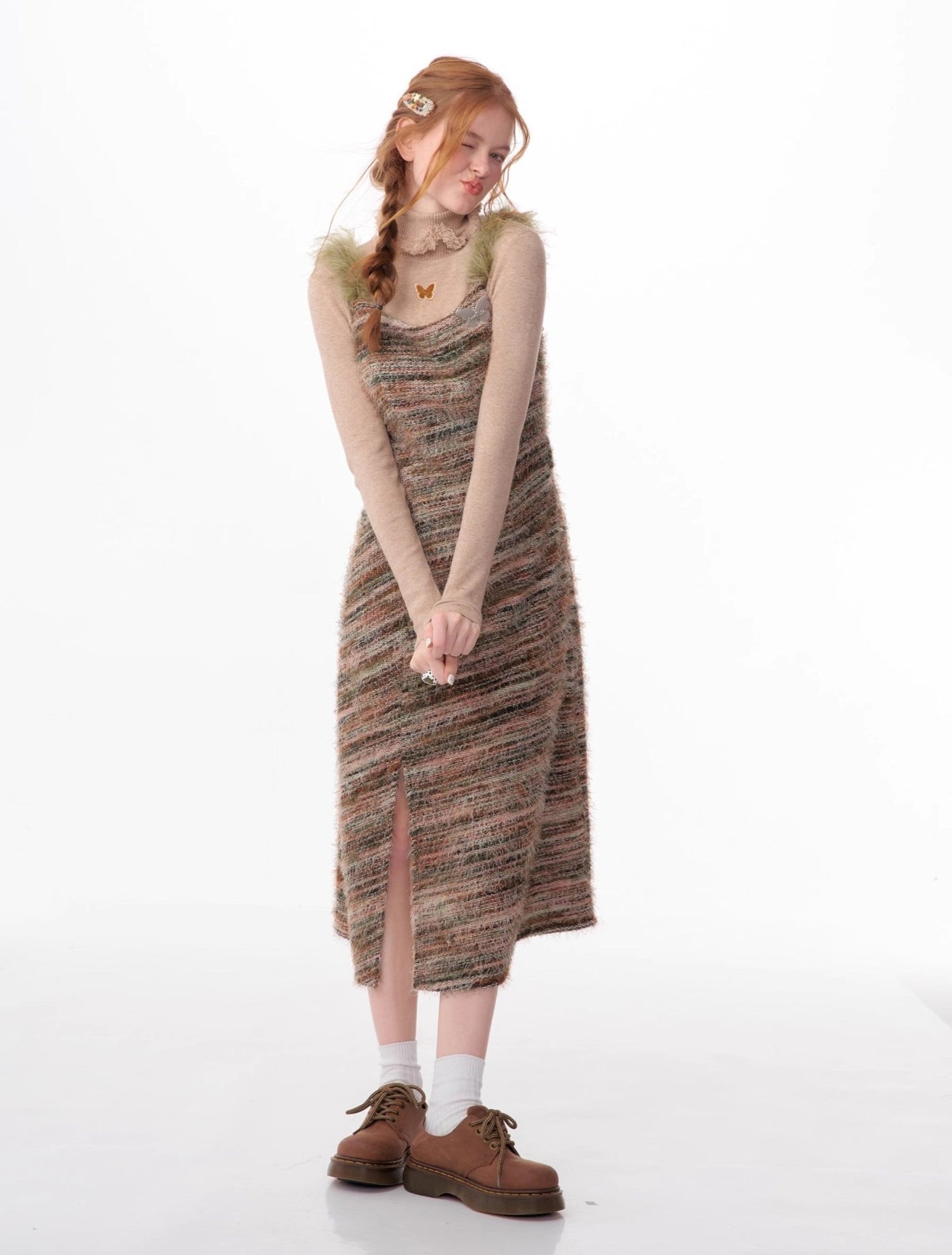 Furry Striped Slimming Suspender Knitted Dress ZIZ0061