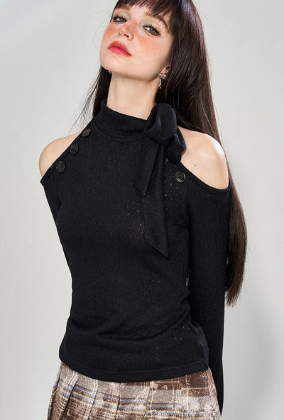Slimming Black Off-shoulder High-neck Sweater WAE0012