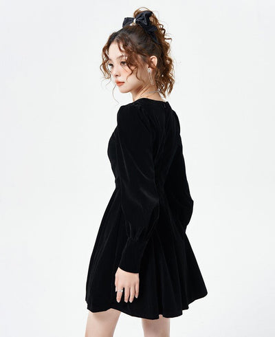 Black High-waisted A-line Velvet Dress WAE0032
