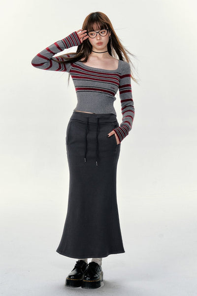 American Retro Dark Gray All-match Slim Long Fishtail Skirt CUR0070