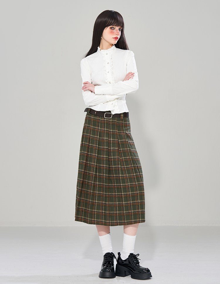 Retro College Style Pattern Pleated Long Skirt WAE0004