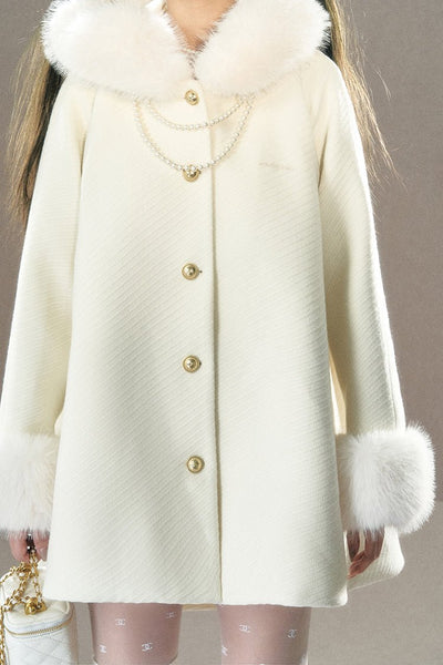 Milky White Fur Collar Medium Thick Woolen Cloak Coat UND0034