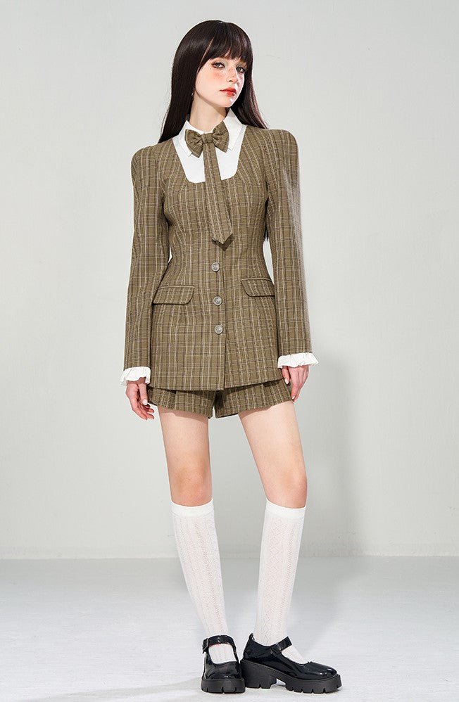 American College Style Fake Two-piece Plaid Dress/Shorts WAE0009