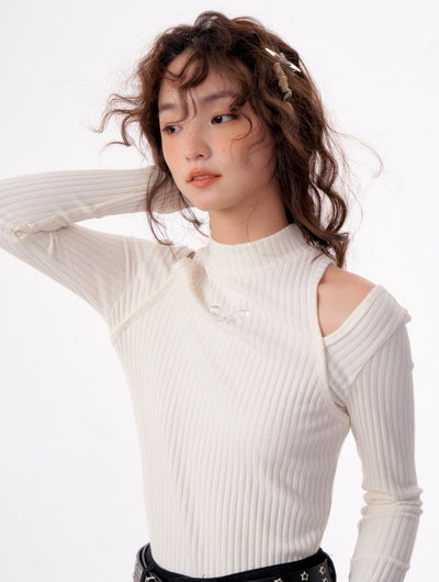 Hollow Off-shoulder With Butterfly Embroidery Slim Long-sleeved Sweater ZIZ0021