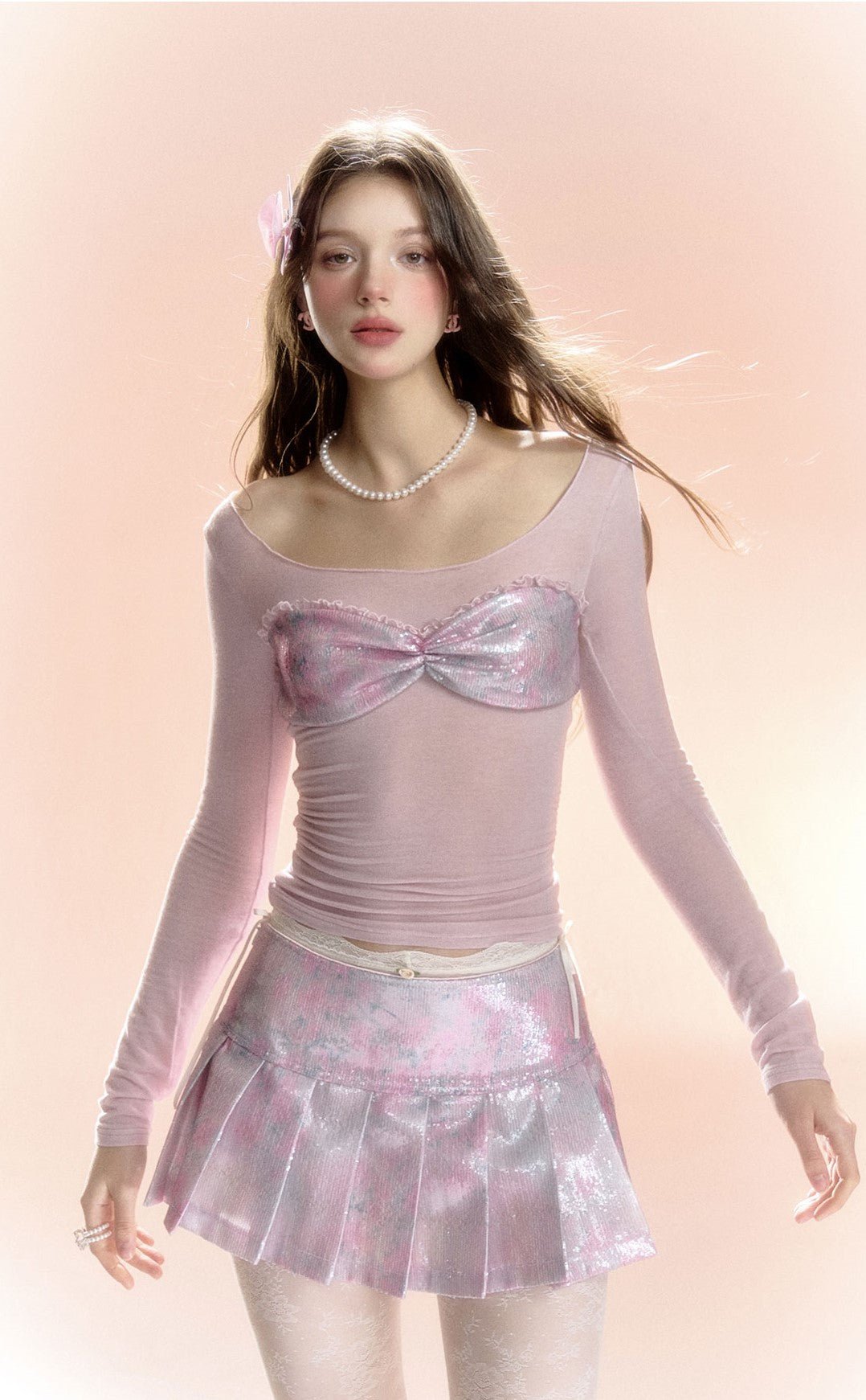Mermaid Fantasy Purple Back Hollow Lace Shirt/Pleated Skirt RUS0008