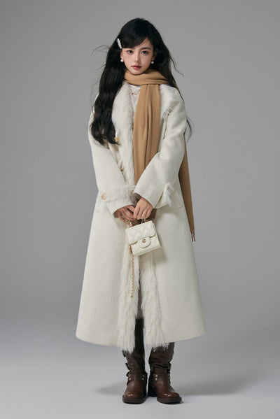 Long Temperament Lapel White Woolen Coat YOO0014