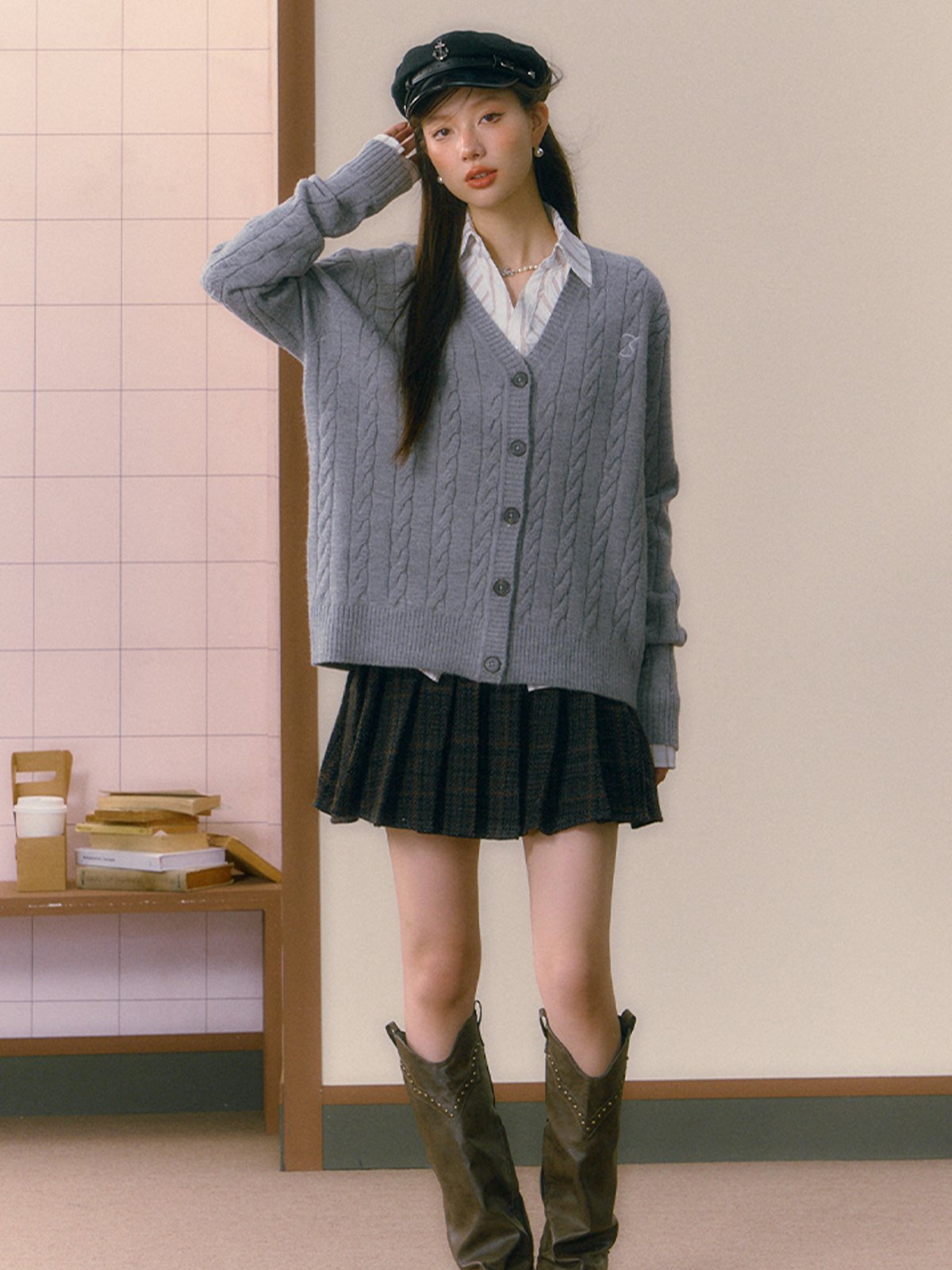 Cable-Knit V-Neck Cardigan, Shirt and Ruffled A-Line Mini Skirt SHI0012