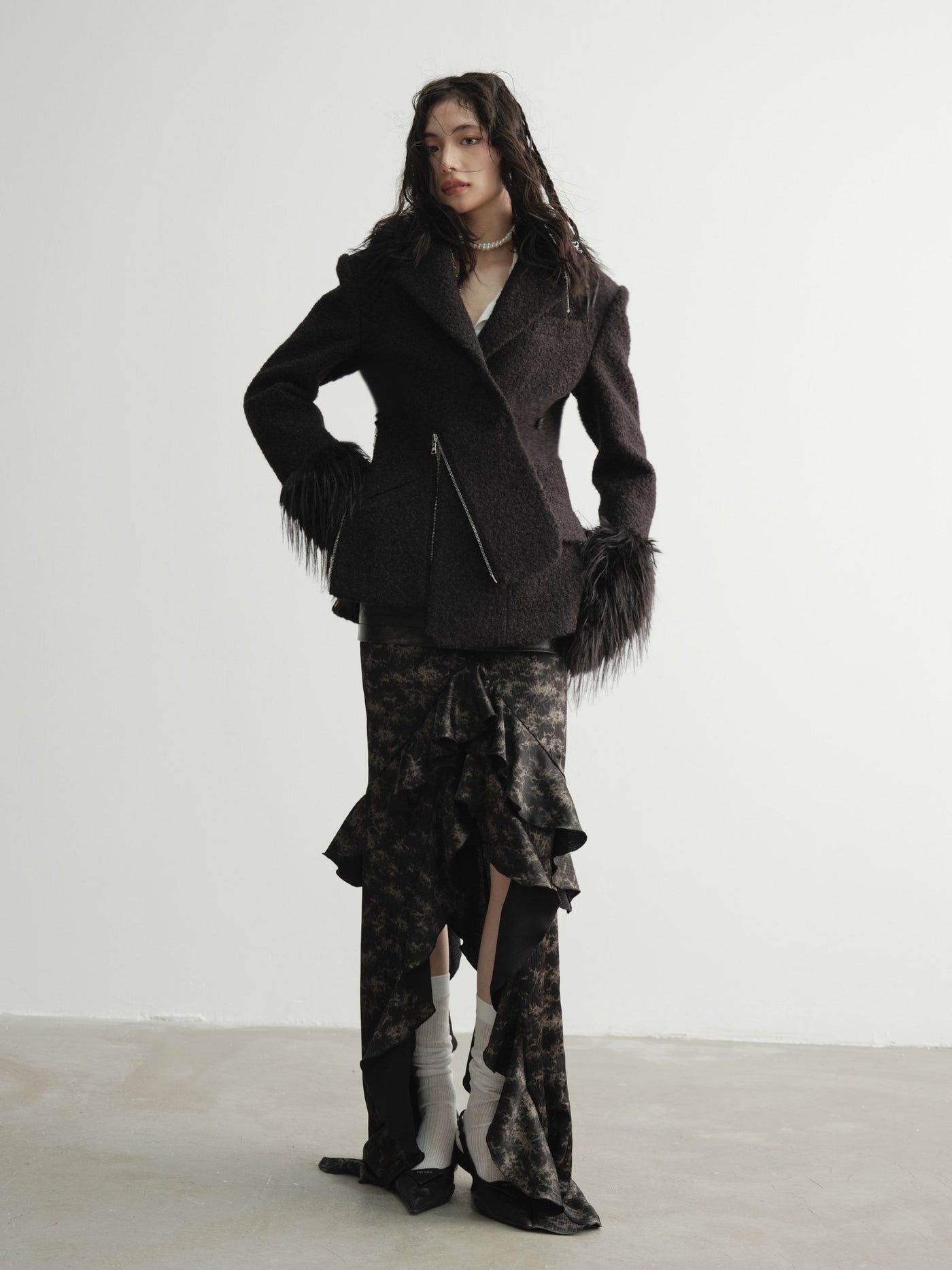 Dark Punk Leather Patchwork Tie-dye Satin Ruffled Skirt JNY0093