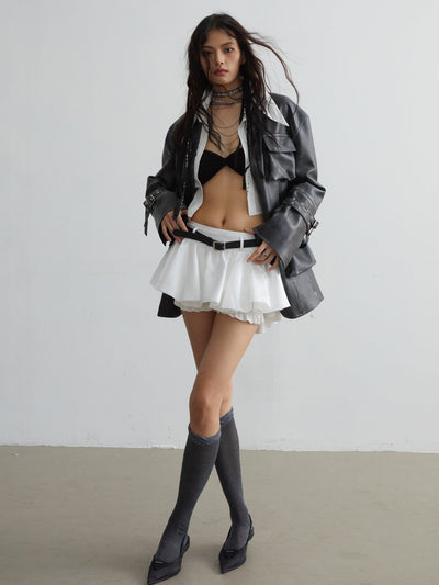Belt Decoration White Versatile Anti-exposure Ruffled Mini Skirt JNY0061