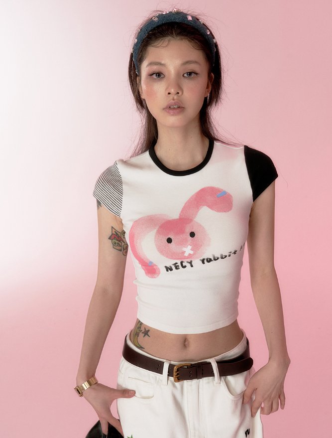 ラビットプリントカジュアルTシャツ NEC0051