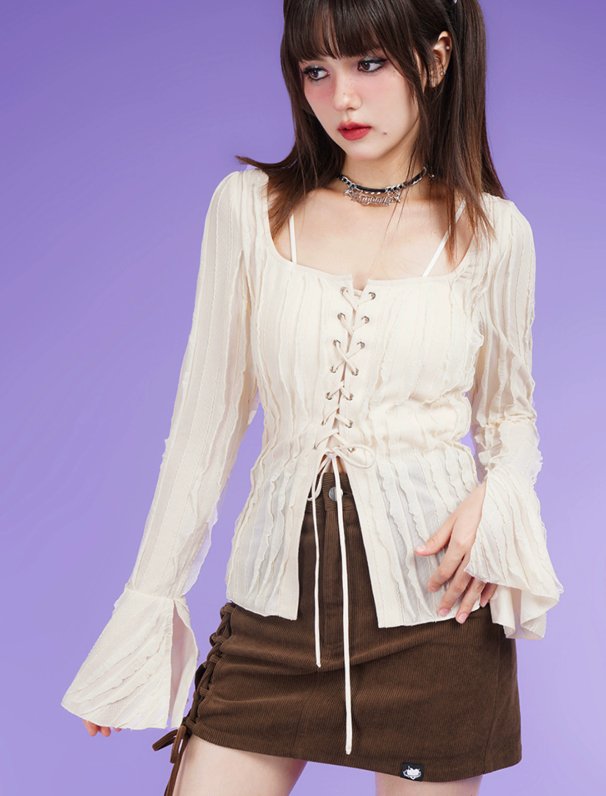 Front Cross Strap Flared Sleeve Blouse SAG0074