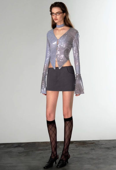 Flared Sleeve Sequined V-Neck Top OFA0056