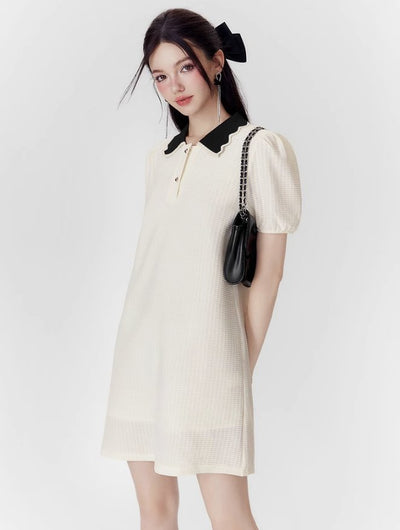 Girly Style Polo Collar Puff Sleeve Short-sleeved Dress MEE0114