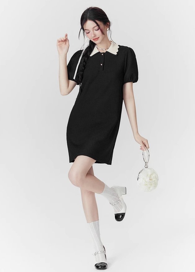 Girly Style Polo Collar Puff Sleeve Short-sleeved Dress MEE0114