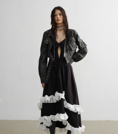 Punk Style Rivets Decorated Contrasting Lace Irregular Dress JNY0054