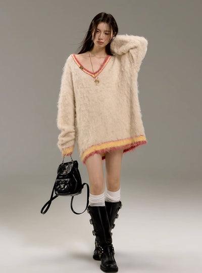 Point-color wool V-neck loose knit DPR0004
