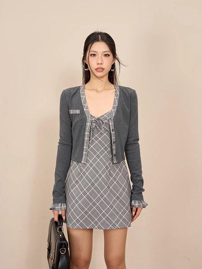 Two-piece Set A-line Plaid Suspender Dress & Cardigan ZEC0005