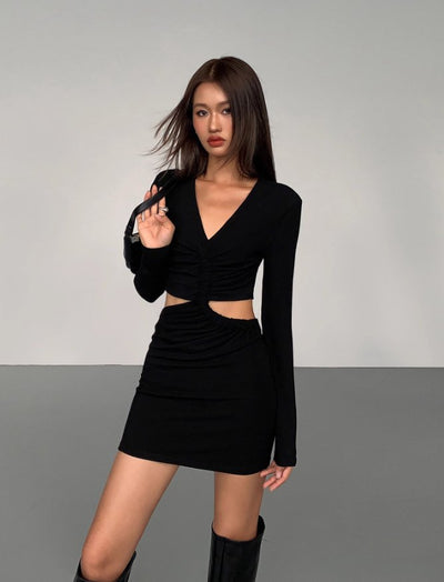Black V-neck Exposed Waist Pure Desire Short Lined Dress OUS0006