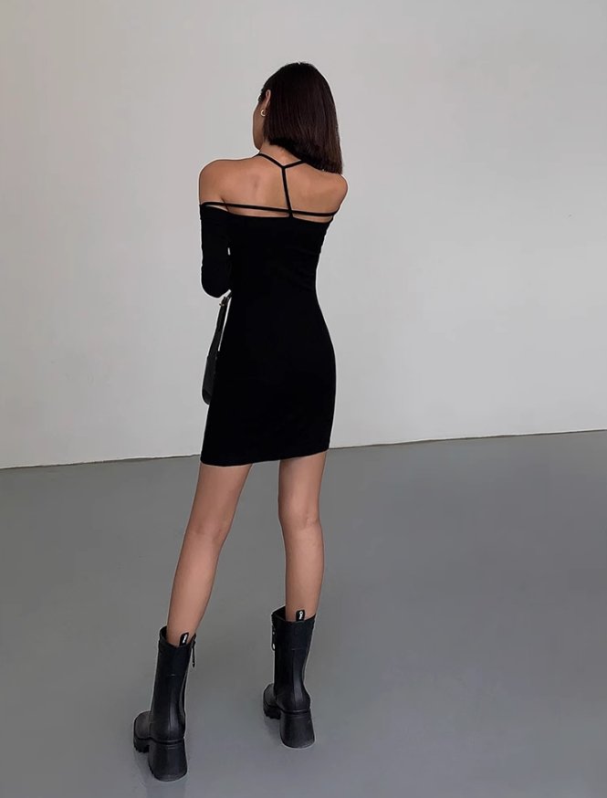 Black One-shoulder Halterneck Dress OUS0012