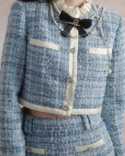Girly Design Collar Ruffle Tweed Jacket & Skirt FRA0049