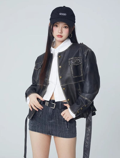 Collarless casual leather jacket SPE0011