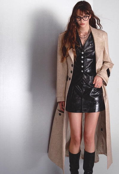 Bicolor leather trench coat & mid-length vest & tight mini skirt OFA0067