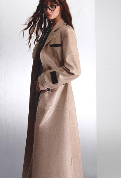 Bicolor leather trench coat & mid-length vest & tight mini skirt OFA0067