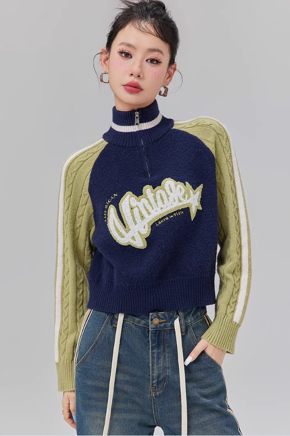 Raglan Sleeve Short Half-height Zipper Sweater LAC0123
