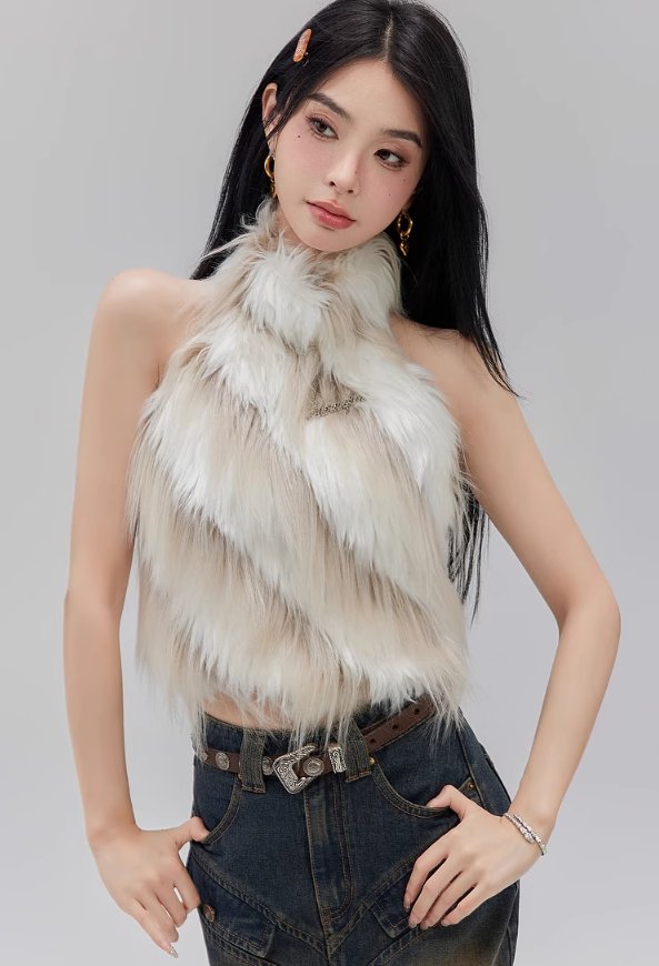 Long Hair Fur Backless Halterneck Vest LAC0128