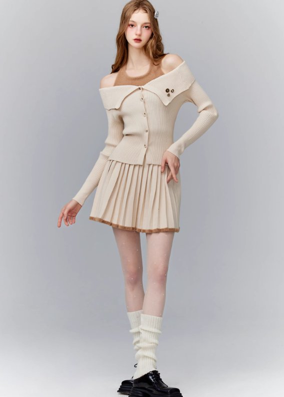 Off-the-shoulder Slim Ribbed Knit & Pleated Skirt Set-up FRA0064