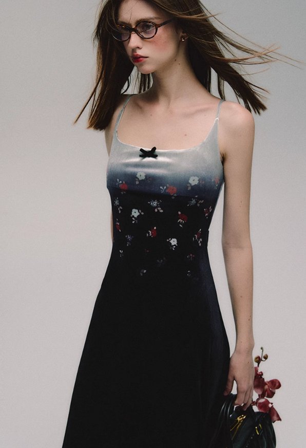 Velvet Printed Suspender Slim Fit Long Skirt Dress OAK0075