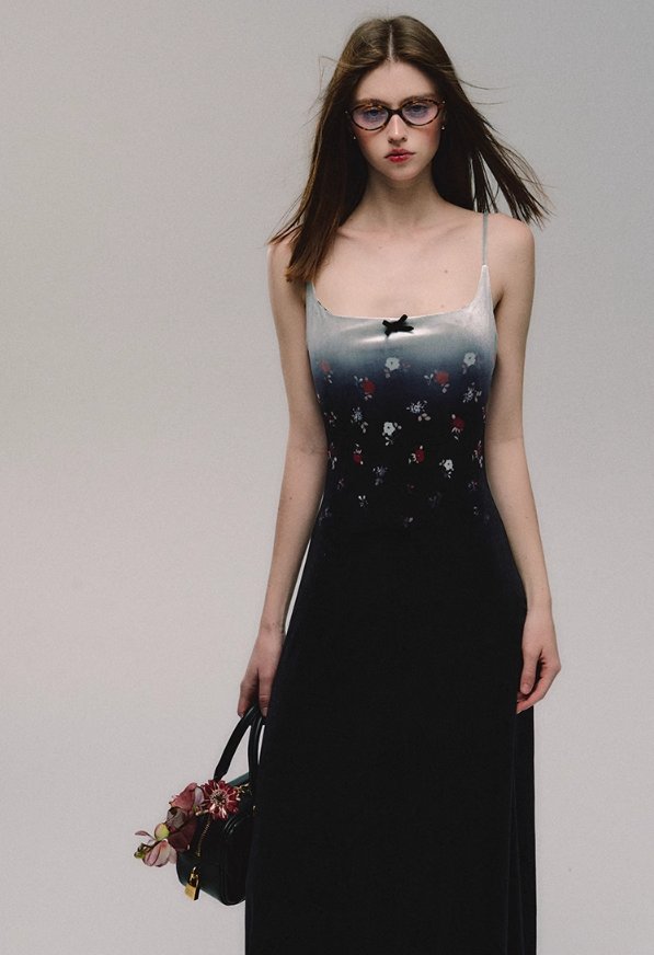 Velvet Printed Suspender Slim Fit Long Skirt Dress OAK0075