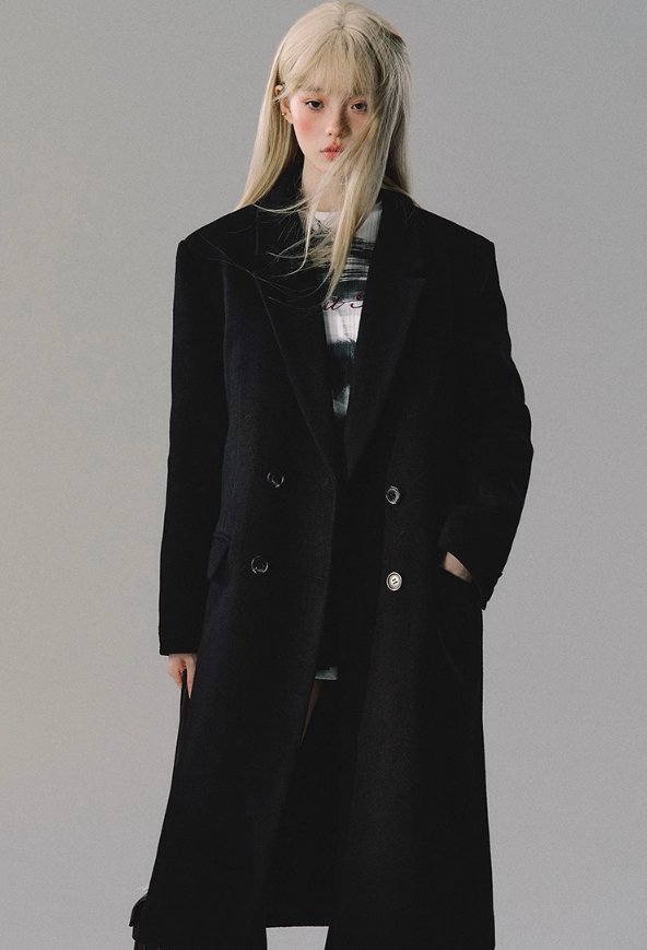 Black Retro High-end Double-breasted Woolen Long Coat OAK0084