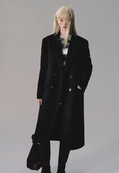 Black Retro High-end Double-breasted Woolen Long Coat OAK0084