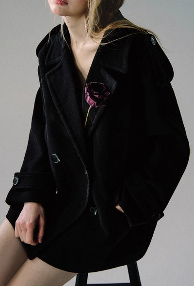 Black High-end Loose Split Collar Woolen Jacket OAK0086