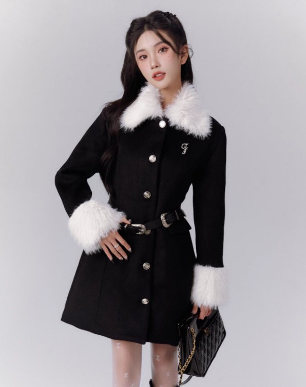 Elegance waist belt coat with long fur sleeves & collar FRA0074