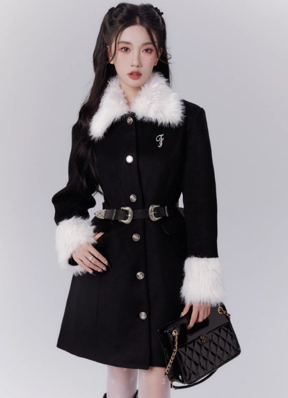 Elegance waist belt coat with long fur sleeves & collar FRA0074