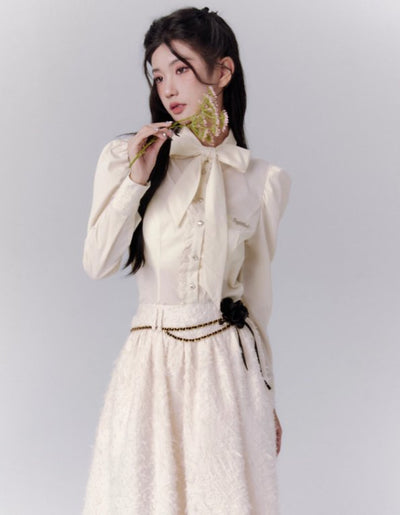 Big bow tie elegance blouse & fur long skirt FRA0079