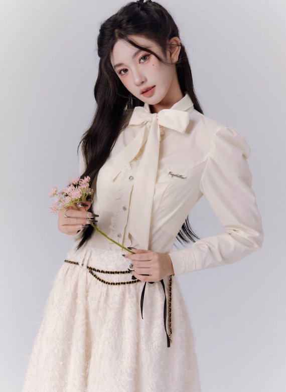 Big bow tie elegance blouse & fur long skirt FRA0079